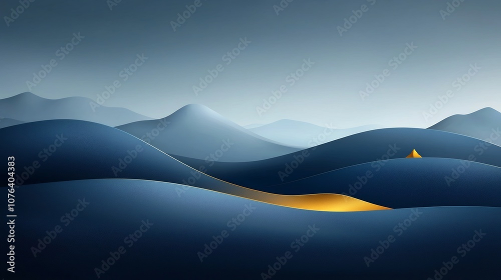 Poster serene and minimalist of hand drawn golden mountain silhouettes on a rich dark blue background elega