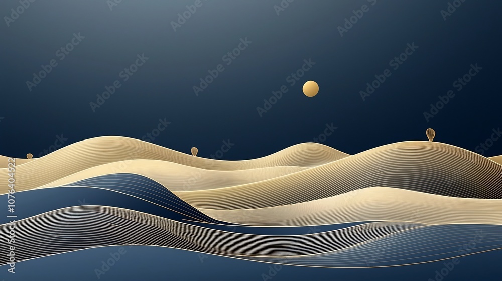 Poster serene and elegant mountain landscape with refined thin gold line art on a deep blue textured backgr
