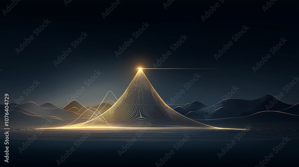 Poster elegant hand drawn of mountains in delicate gold lines set against a dark blue background capturing 