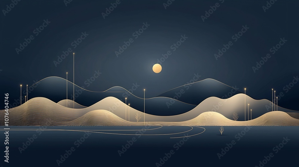 Poster elegant and refined hand drawn depicting a minimalist gold lined mountain landscape on a serene dark