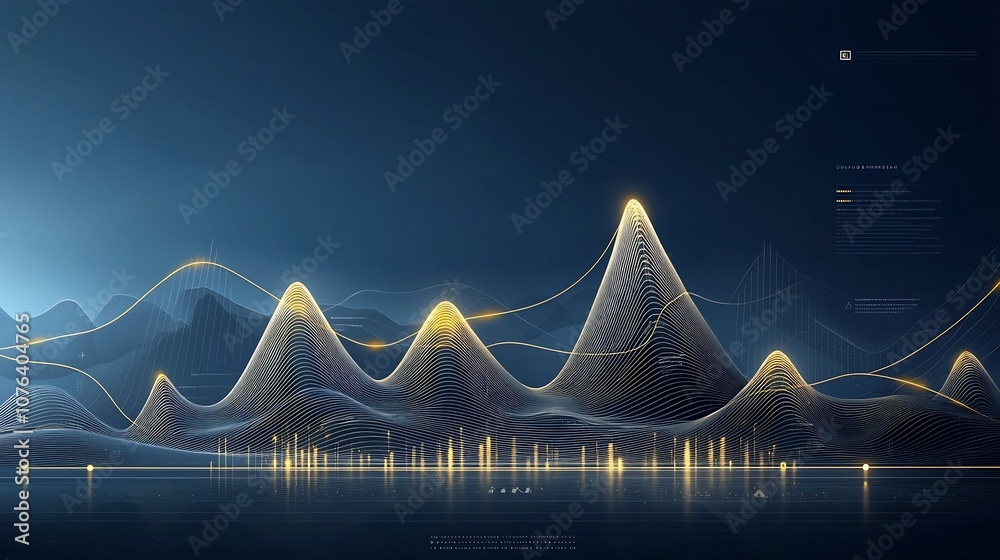 Poster captivating minimalist mountain line art piece with delicate gold accents on a serene deep blue back
