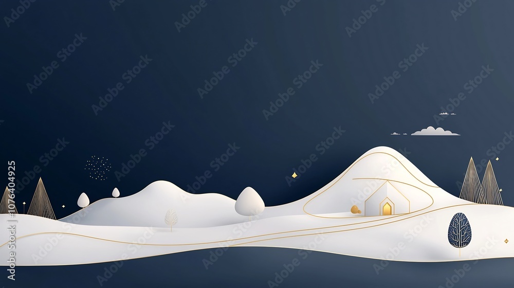 Poster captivating generative ai created mountain landscape with refined hand drawn gold lines and shapes a