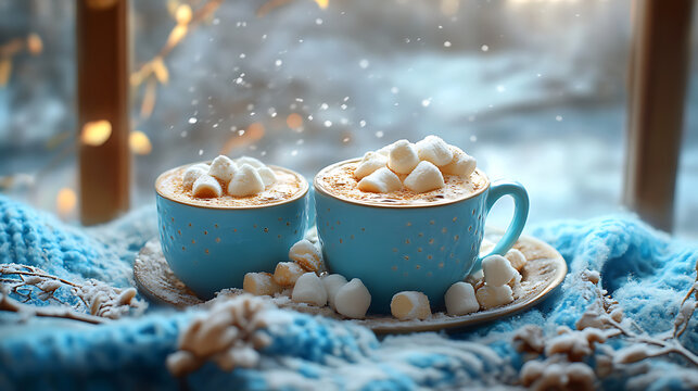 Cozy winter coffee with marshmallows in blue cups, surrounded by snowflakes and warm blanket, creating comforting atmosphere
