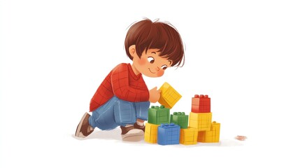 a 2D cartoon illustration of a child playing with a toy train set, happy and focused, white background--ar 16:9