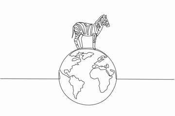 Single one line drawing globe with zebra on top. Environmental conservation is needed to keep them from becoming extinct. Good habitat. World Wildlife Day. Continuous line design graphic illustration © Simple Line