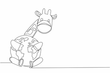 Single continuous line drawing cute giraffe hugging globe. Symbol of longing. Longing for a comfortable place before global warming. Habitat. World Wildlife Day. One line design vector illustration