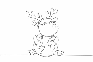 Continuous one line drawing cute deer hugging globe. Maintaining balance of nature so that they continue to reproduce. Comfort place. World Wildlife Day. Single line draw design vector illustration