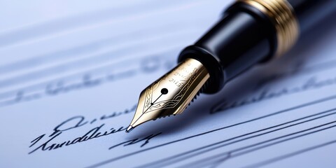 Fototapeta premium A close-up of a fountain pen poised above a signed document, showcasing elegance and the art of writing.