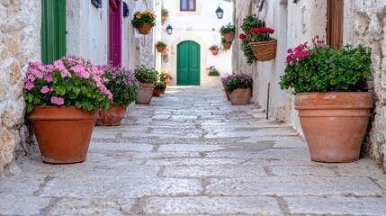 Charming alleyway with colorful flowers and potted plants