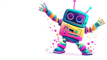 a 2D cartoon illustration of a colorful toy robot dancing, fun and playful, white background--ar 16:9