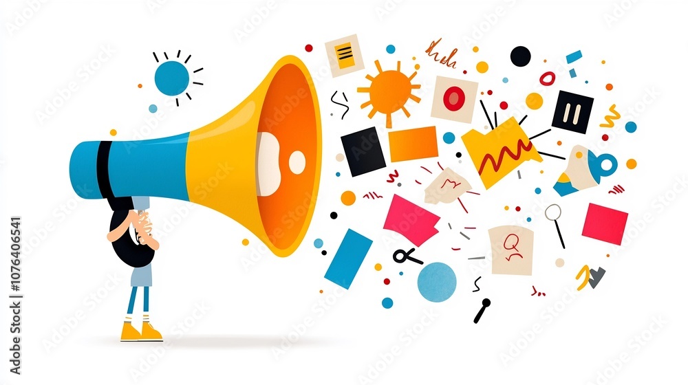 Poster hand holding a vibrant megaphone bursting with abstract art collage pieces representing expressive c