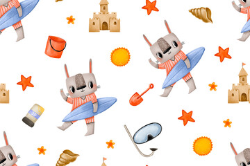 Seamless pattern with bunny diver on beach. Diving underwater. Summertime. Hand drawn cartoon summer background.  Beach and summertime vacation holidays repeating background for fabric, textile