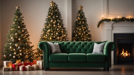 Obraz premium green sofa and christmas tree and fireplace