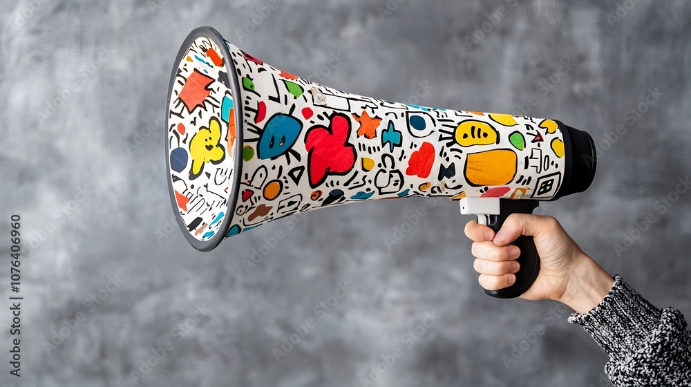 Poster a hand holding a vibrant collage filled megaphone representing the modern communication of ideas and