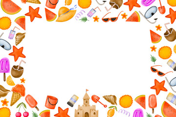 Horizontal summer border frame. Summer hand drawn card. Summer holiday beach, travel, beach, summertime accessory. Cocktails, ice cream and exotic fruits. Cartoon draw on isolated bạckground