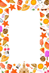 Vertical summer border frame. Summer hand drawn card. Summer holiday beach, travel, beach, summertime accessory. Cocktails, ice cream and exotic fruits. Cartoon draw on isolated bạckground