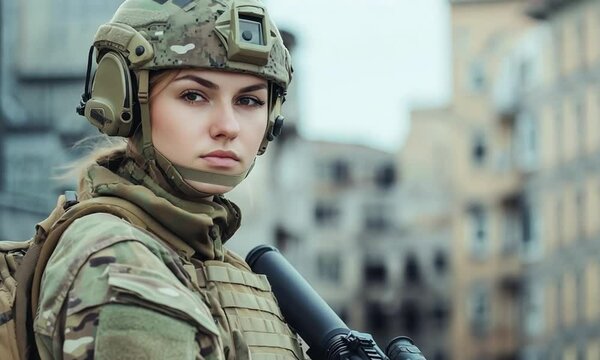 Military woman sniper in camouflage with a focused expression, standing against the background of a destroyed European city with space for text