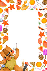 Fototapeta premium Vertical summer border frame with squirrel. Summer hand drawn card, holiday beach, travel, beach, summertime accessory. Cocktails, ice cream and exotic fruits. Cartoon drawing on isolated bạckground