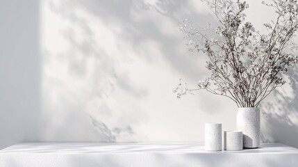 Fototapeta premium White shelf with decorative dried flowers in a vase casting shadows on the wall