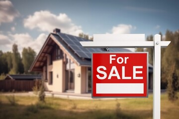Red sale sign on house background, real estate sign