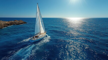 Obraz premium A sailboat gliding through calm blue waters under a bright sky.