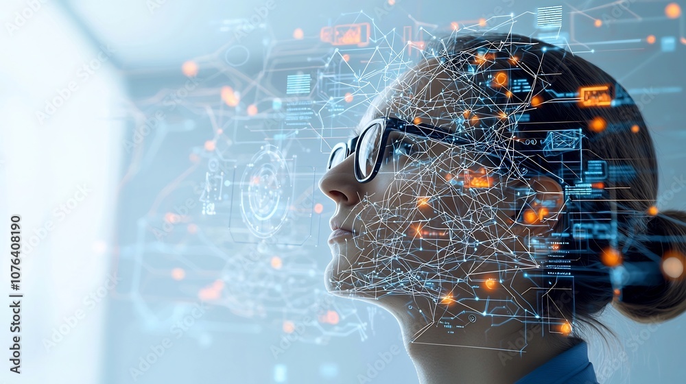 Aufkleber Portrait of a man with glasses gazing thoughtfully upward his head partially obscured by a neural network of interconnected lines and nodes set against a soft glowing backdrop for a futuristic