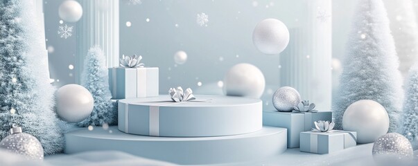 Christmas podium display with gift boxes and ornaments falling snow