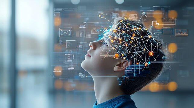 Side profile of a young man with a digital overlay of glowing lines and nodes forming a web like pattern on his head representing the concept of cognitive technology and the power of the human mind