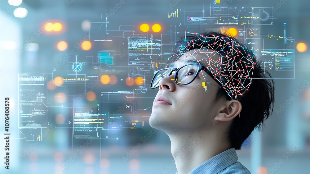 Aufkleber Portrait of a thoughtful man wearing glasses gazing upward with an overlay of neural network like lines and nodes on his head representing complex thought and the of AI