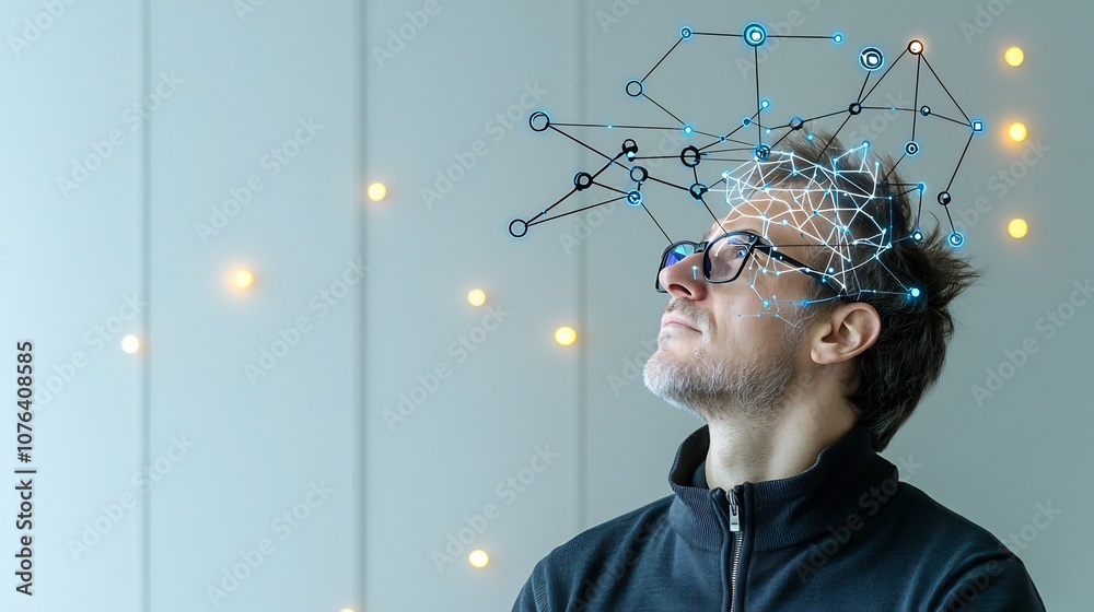 Poster Portrait of a man gazing upward with an overlay of neural network like lines and nodes on his head representing complex