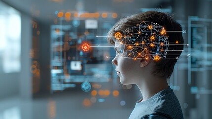 Thoughtful young man with digital network overlay on his head glowing nodes and lines symbolizing intelligence set against a futuristic background with warm toned bokeh for depth and imagination
