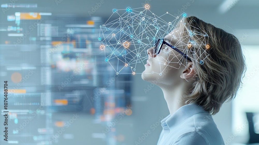 Aufkleber Portrait of a young man wearing glasses in profile looking up with a digital pattern of interconnected nodes and lines over his head symbolizing and complex thinking