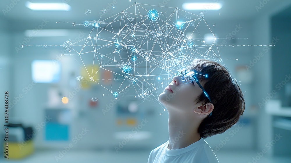 Poster Portrait of a young man wearing glasses in profile looking up with a digital pattern of interconnected nodes and lines over his head symbolizing and complex thinking set against a dreamy