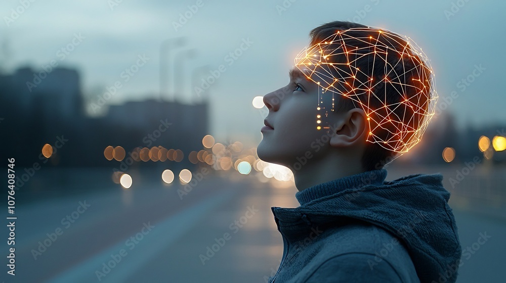 Aufkleber Futuristic digital portrait of a young man looking up with glowing lines on his head representing and digital networks  The warm bokeh background enhances the contemplative and innovative mood