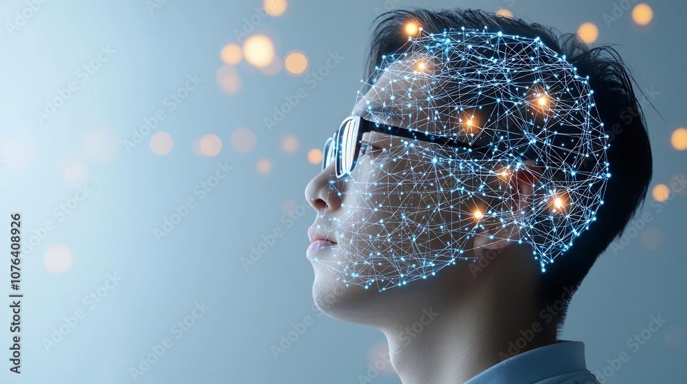 Fototapete Futuristic AI Inspired Portrait of a Man Looking Upward with a Digital Overlay of Neural Network Lines on His Head Surrounded by Soft Glowing Points and Warm Bokeh Lights in the Background