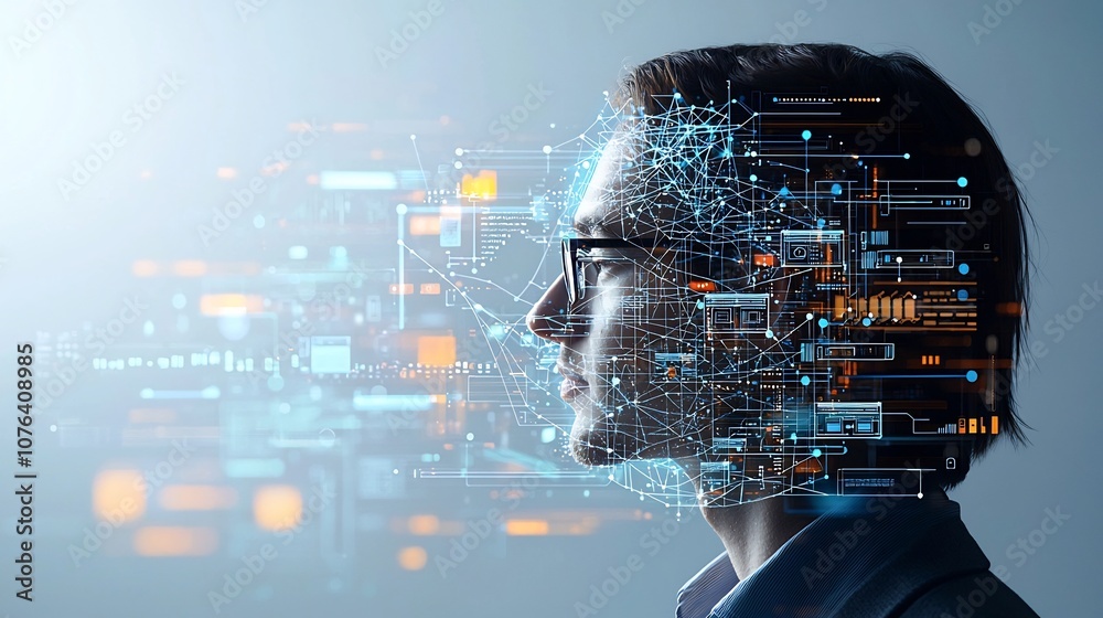 Poster Close up side profile view of a man wearing glasses with a glowing web of digital nodes and lines overlaid on his head symbolizing advanced cognitive processing and technological capabilities