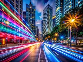 Obraz premium Captivating Long Exposure Artistry Showcasing Vibrant Light Trails and Dynamic Movement in a Colorful Urban Setting at Night, Perfect for Creative Design and Media Projects