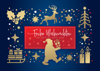 Weihnachtsmann mit Schlitten, Geschenken und Rentier vor blauem Hintergrund - Weihnachtsgrüße mit deutschem Text - gold, rot und weiß