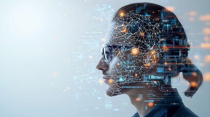 Side profile of a man wearing glasses with a glowing web of digital nodes and lines overlaying his head symbolizing advanced cognitive processing and technology