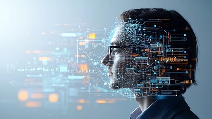 Close up side profile view of a man wearing glasses with a glowing web of digital nodes and lines overlaid on his head symbolizing advanced cognitive processing and technological capabilities