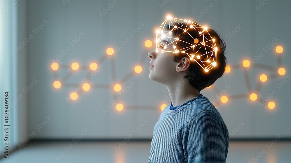 Aufkleber Portrait of a young man in profile with a digital neural network overlay on his head glowing nodes and lines set against a warm toned bokeh filled background conveying a sense of technology