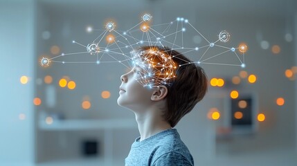 Innovative Mind   Young man in profile gazing upward with a glowing digital neural network overlay on his head nodes and lines softly illuminating a warm toned bokeh background