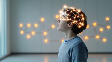 Portrait of a young man in profile with a digital neural network overlay on his head glowing nodes and lines set against a warm toned bokeh filled background conveying a sense of technology