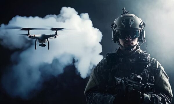 Military Man in tactical gear and helmet with weapon near reconnaissance drone on dark background with copy space. Modern technologies and defense in conditions of night operation.