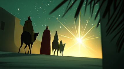 Three wise men following a bright star in the night sky, on their way to Bethlehem.