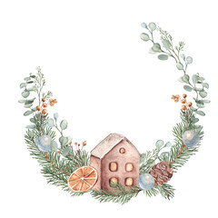 Christmas Wreath with Winter plants and Ceramic House, Lanterns for Candles. Hand drawn Botanical Illustration of Fir Branches, Eucalyptus, Pine Cones and dried Orange slices isolated on white