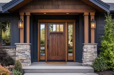 A front door with two glass panels and a wood frame on the exterior of a Craftsman-style home 