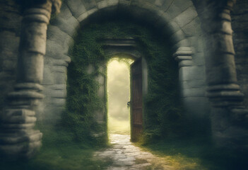 Obraz premium to plant mysterious fantasy hidden leaf gate wall overgrown art door castle doorway concept secret