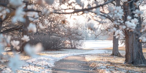 Flowering Tree Branches Framing a Pathway in a Park