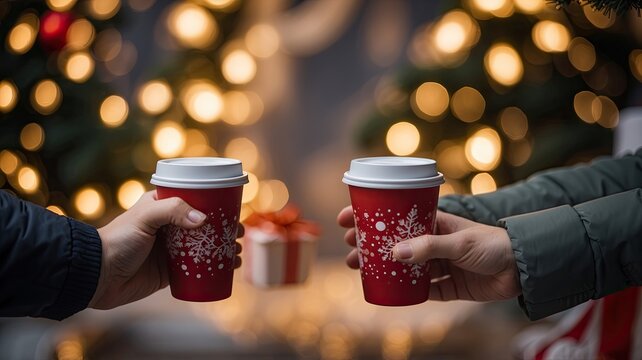 holiday theme takeaway coffee cup in couple chrismas background